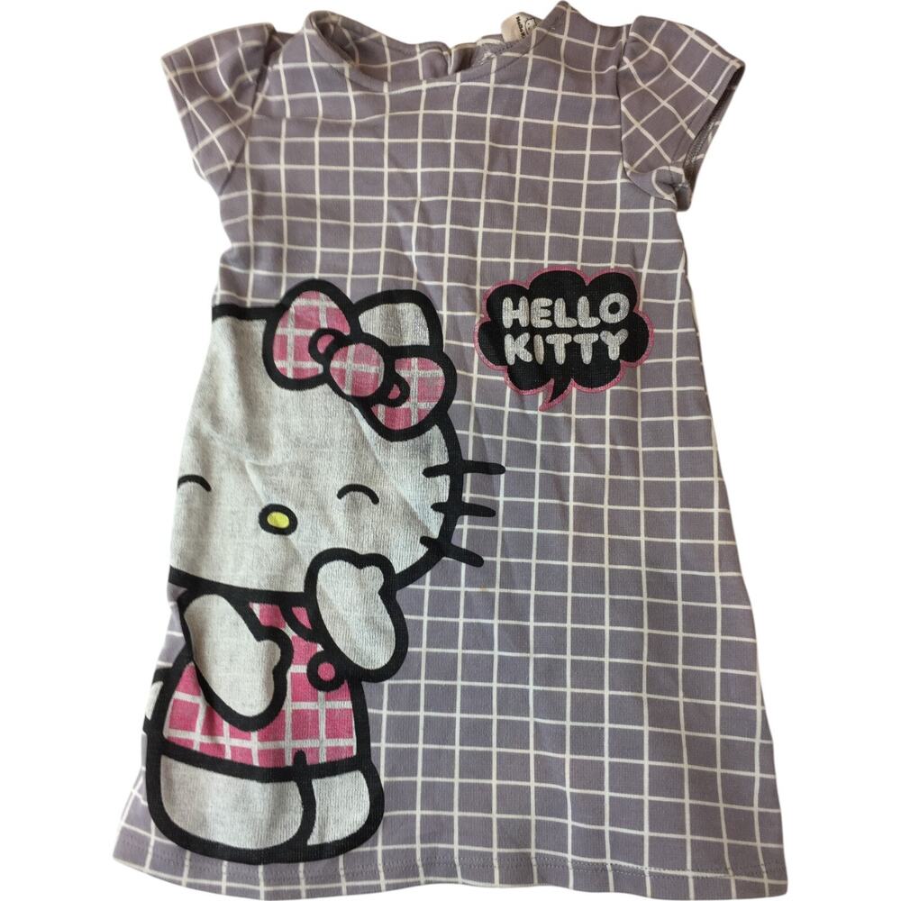 H&M Sanrio Hello Kitty Dress Girls Size 2-4Y Purple Grid Short Sleeve Back Zip